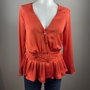 RAMY BROOK Margie Ruffle Cuff Long Sleeve Peplum Orange Size Small Vneck Blouse